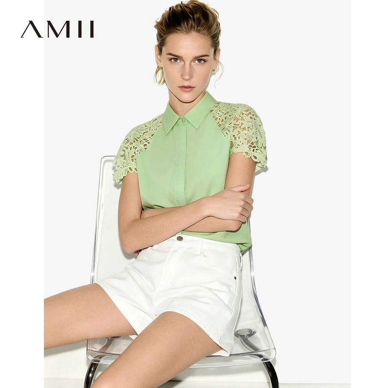 Amii Women Shirt 2026 Summer New Lace Patchwork Lapel Collar Dolman Sleeve Blouse Loose Mid Length Office Cotton Shirt 12642040