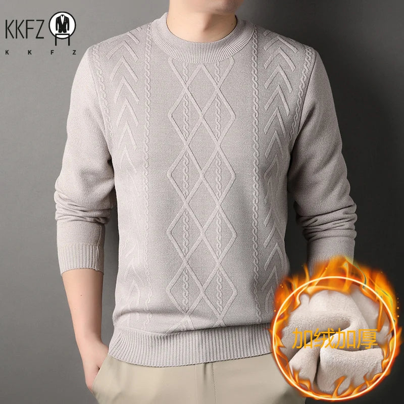 Elastic Rib Cuffs Male Crew Neck Sweater Thickened Plush Interior Mixed Jacquard Knitting Autumn Outdoor Leisure Top
