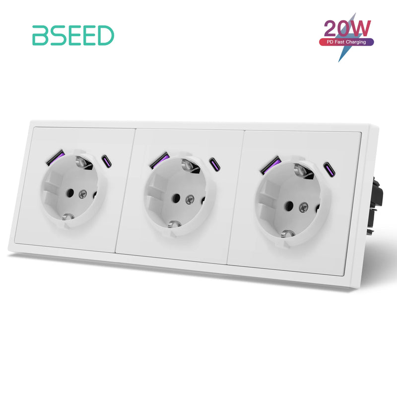 BSEED EU Standard Single Wall Socket 20W Fast Charge USB Type-C Charge Port Double Wall Power Outlets Plastic Frame 16A