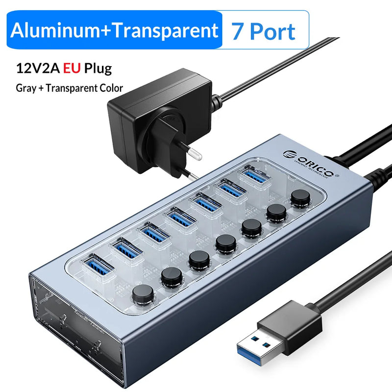ORICO Industrial USB 3.0 HUB 7/10/13/16 Aluminum USB Splitter On/Off Switch With 12V Power Adapter Support Charging for Computer