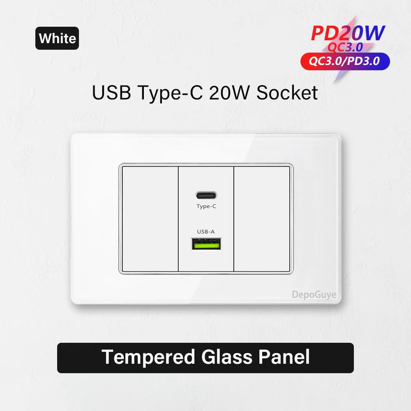 Type 118 White Black Grey Tempered Glass Wall Socket Panel 6 Charging port Triple USB Type C Wall Plug 3.1A 5V Outlet 118*75mm