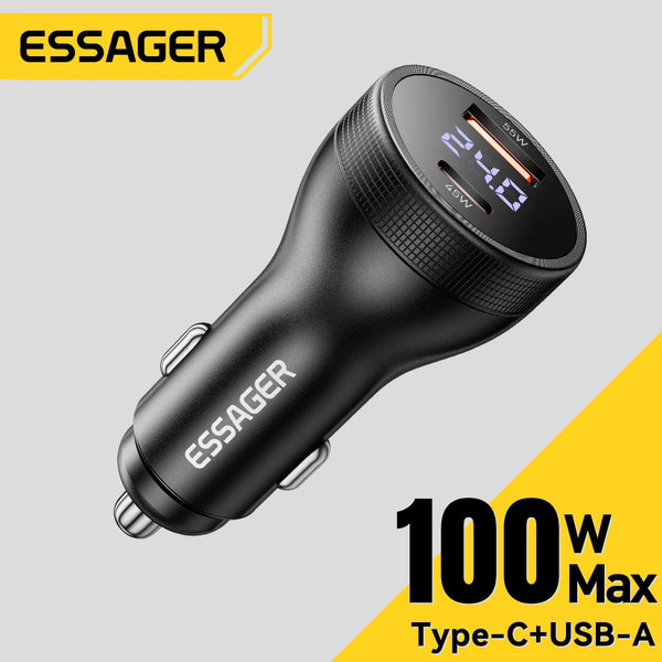 ឆ្នាំងសាករថយន្ត Essager 100W USB C PD3.0 សាកថ្មលឿន Quick Charge 4.0 Adapter សម្រាប់ iPhone 16 MacBook Xiaomi Laptop អេក្រង់ឌីជីថល