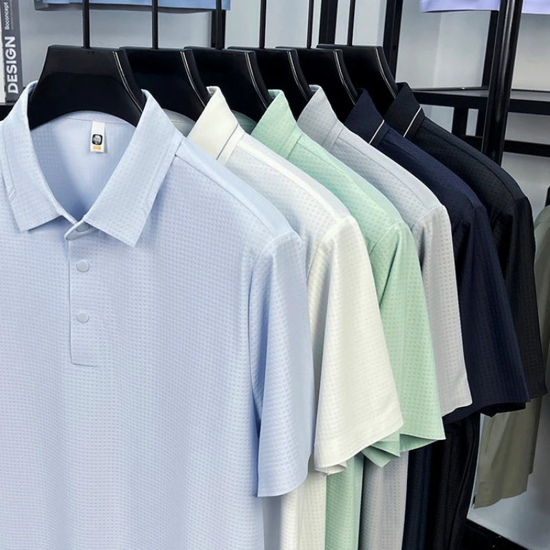 Men‘s 180g Seamless Polo Shirt with UV 50+ & Instant Cooling, 10A Antibacterial Breathable Fabric Lightweight Quick-Dry Summer,