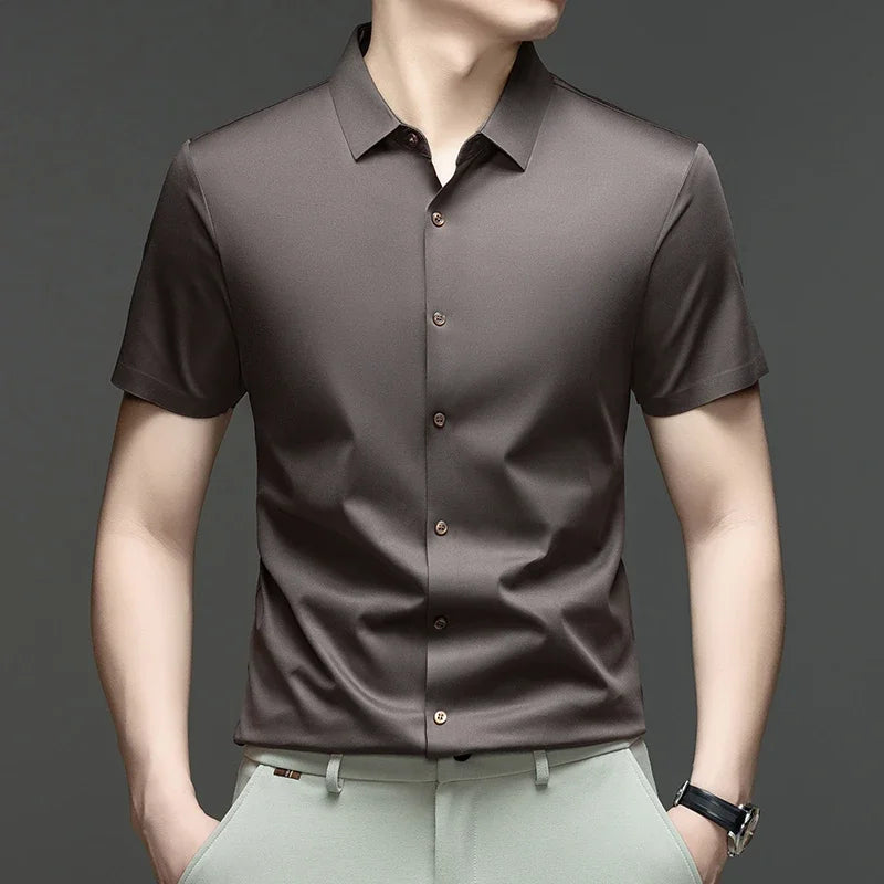 Mens Casual Short Sleeve Button Down Shirt Ice Silk Lightweight Breathable Wrinkle Resistant Summer Top