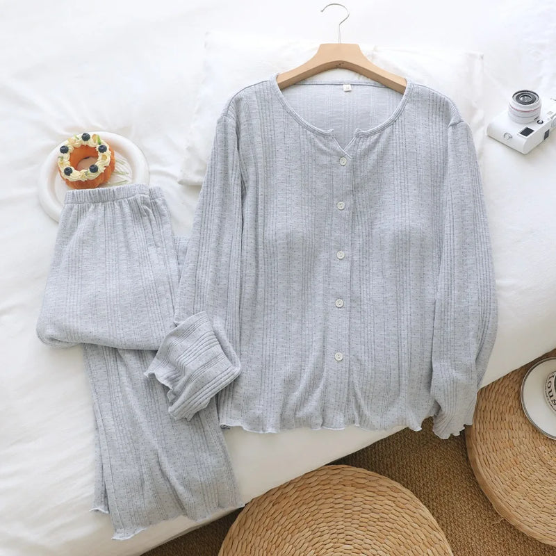 Knitted Cotton Sleepwear Lady Long-sleeved TrousersTwo-piece Spring Autumn Women's Home Wear Pyjama Set New Arrival Homewear