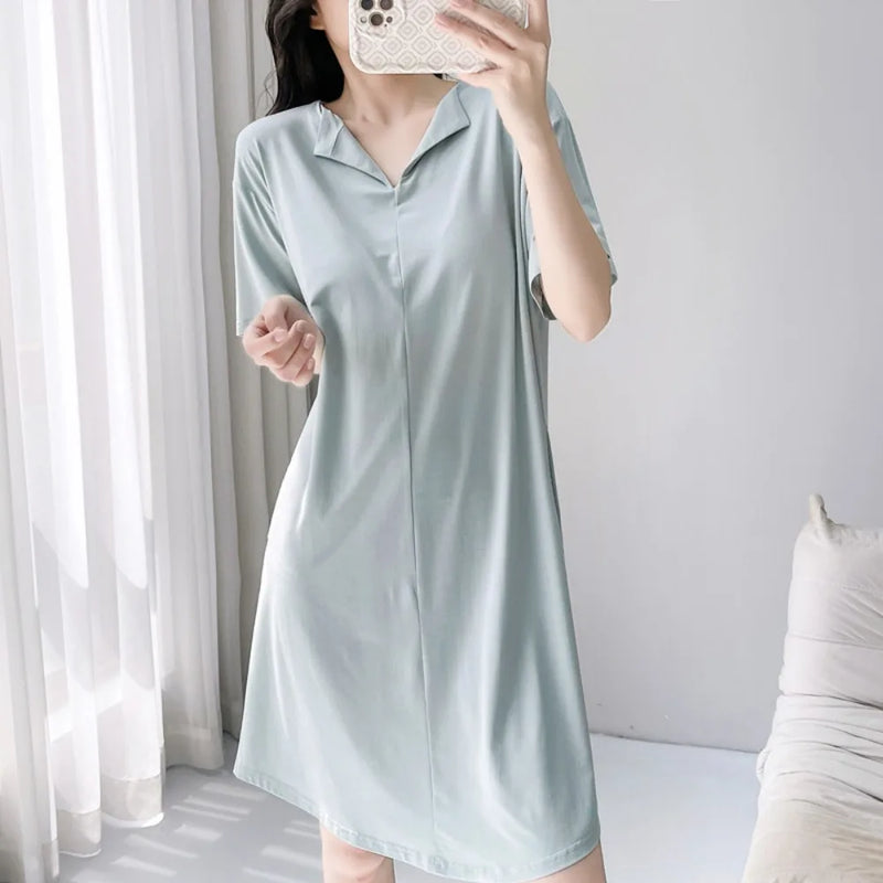Elegant Chest Pad Short Sleeve Sleepwear Women's Nightgowns One Piece Pajamas Dress Solid Color Summer Thin Loungewear Female