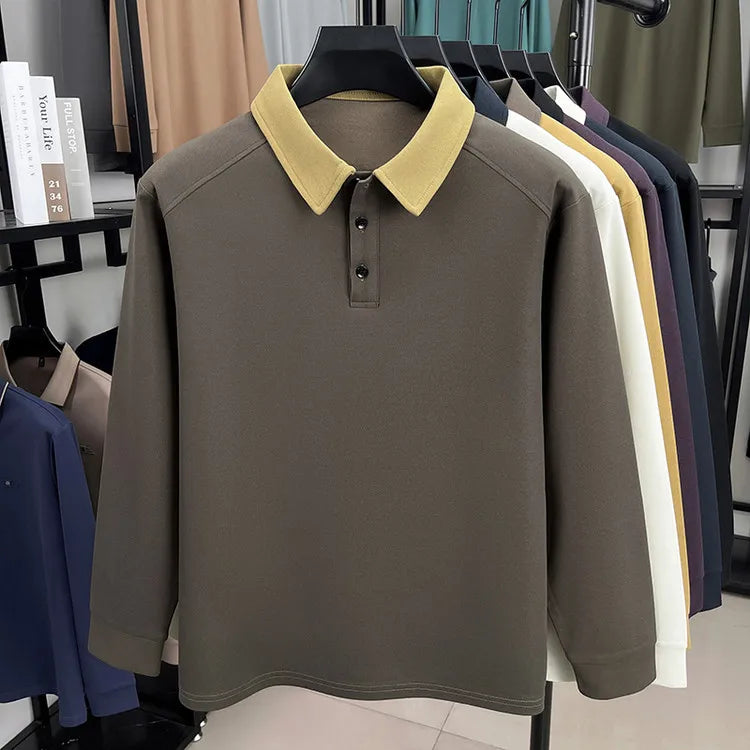 Men's Autumn Knit Polo Shirt, Contrast Collar and Sleeve Design, New Arrival Heavyweight Pullover for Casual Business Wear