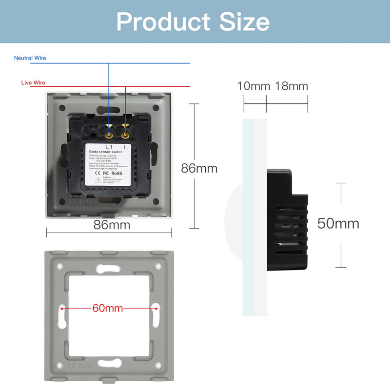 BSEED Human Body Sensor Switch Wall Lamp Switch 90℃ Infrared Motion Detector Galss Frame Plastic FrameEU Standard Light Switches