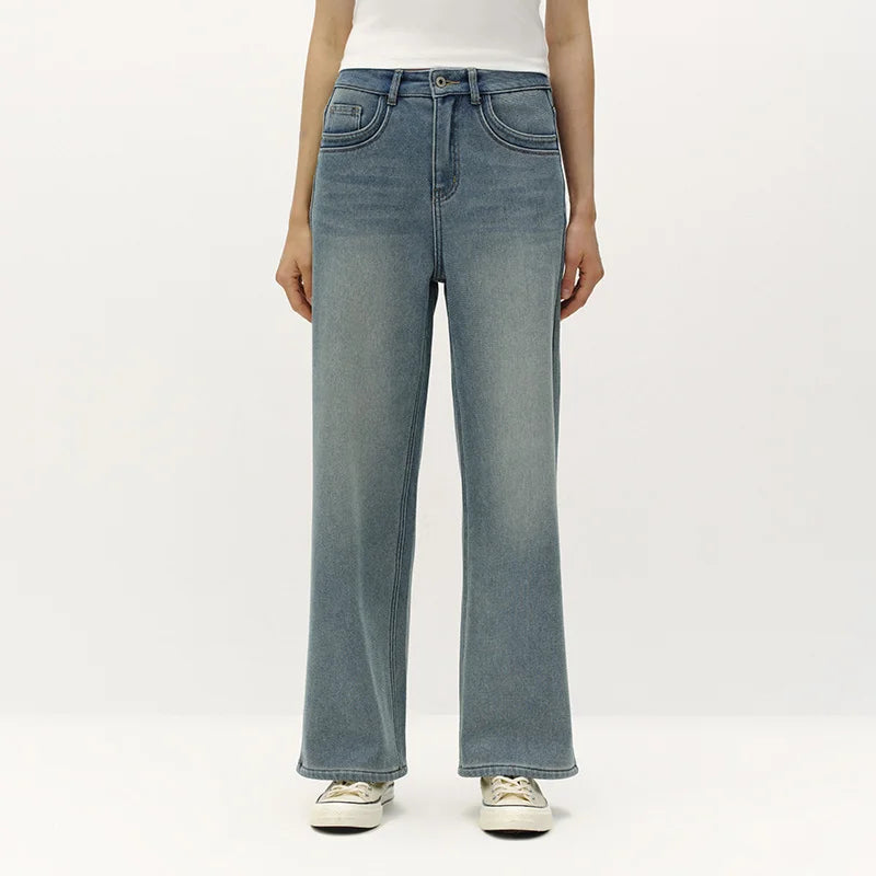 Semir Women Jeans Fleece Lined Wide Leg Washed Finish Warm Insulation Soft Touch 2026 Winter Everyday Style Full Length