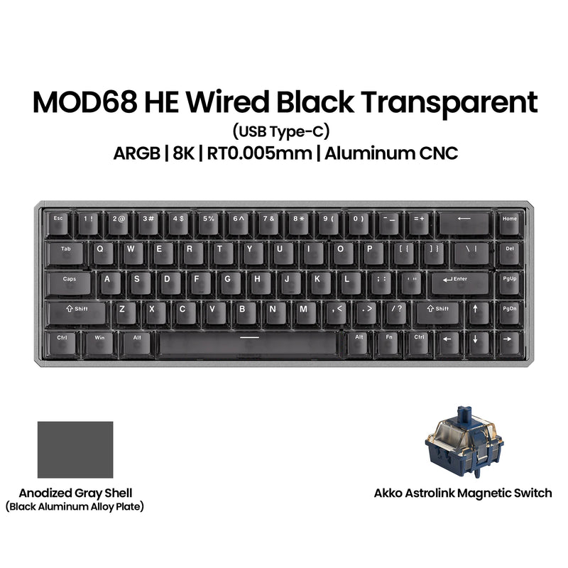 Akko MOD68 HE Keybaord Aluminum CNC 65% Magnetic Switch Rapid Trigger 0.005mm 8K ARGB Gaming Custom Mechanical Keyboard Gasket