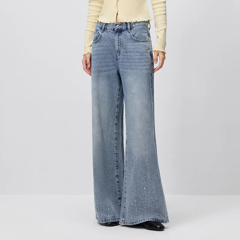Semir Women Jeans Rhinestone Loose Slight Flare Design Sense Slim Casual Autumn Denim Pants Urban Daily Wear 2026
