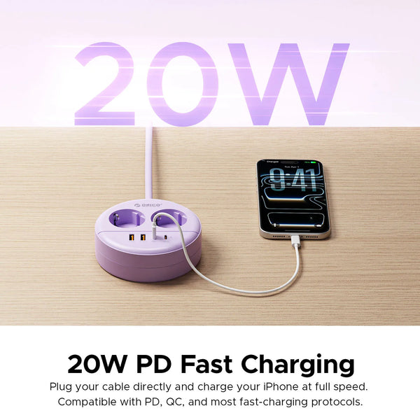 ORICO Desktop Round Power Strip PD20W Fast Charge 1.5M 3M Extension Power Cord Type C USB A Charging Station EU Plug Adapter