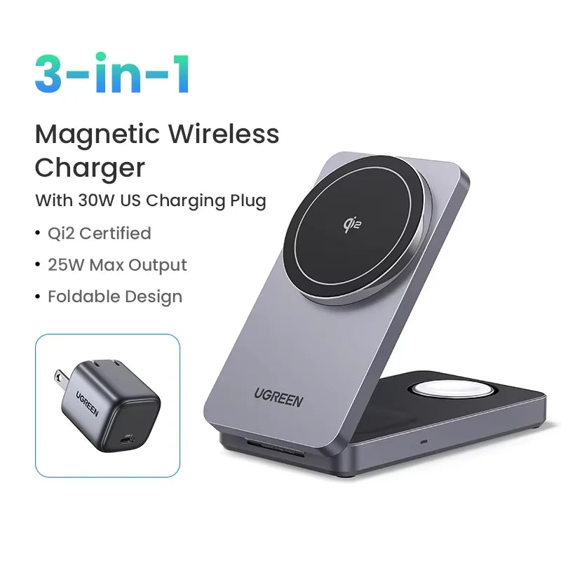 UGREEN MFi 3-in-1 15W MAX Magnetic Wireless Charger Stand Qi2 Total 25W Charging For iPhone 16 17 Pro Apple Watch For MagSafe