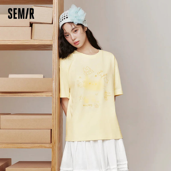 អាវយឺត Semir សម្រាប់នារី ប្រវែងមធ្យម រលុង បោះពុម្ពរូបតុក្កតា ដៃខ្លី រដូវក្តៅ ឆ្នាំ២០២៦ អាវយឺតទាន់សម័យ គួរឲ្យស្រលាញ់
