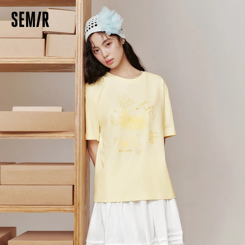 Semir Women Tshirt Mid Length Loose Cartoon Print Short Sleeve Summer 2026 Cute Casual Niche Style Fashion Top Tee