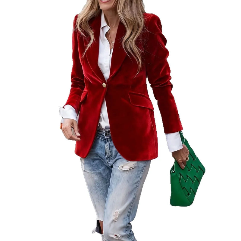 Elegant Women's Long-sleeve Blazer, A V-neck Jacket Made of Corduroy. Available in Black,Purple,Brown,Yellow,Red,Blue,Green,Gray