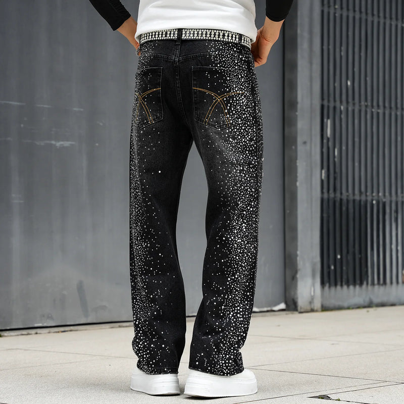Luxury Men's Black Jeans with Diamond Embellishments, Made of Light Blue Denim Pants. 2027 Fashion Casual Trousers.