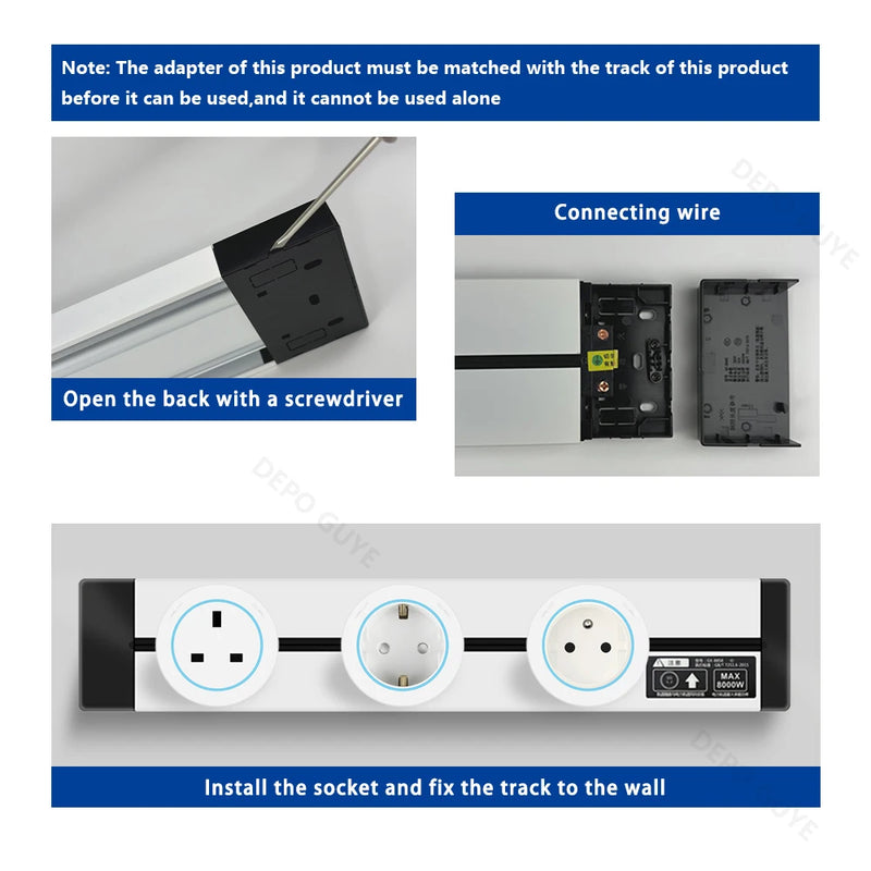 Power Track Socket EU/FR/Italy/Israeli USB Type-C Round Romovable Adapter Home Kitchen Wall Mounted Universal Electrical Outlet