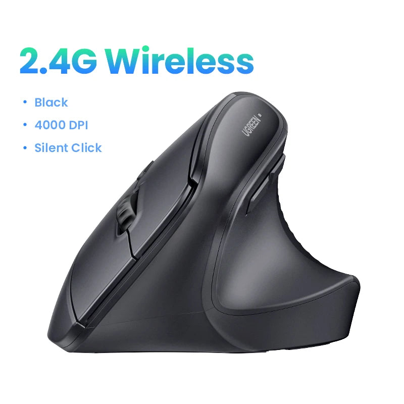 UGREEN Wireless Mouse Vertical 2.4G Ergonomic 4000DPI 6 Mute Buttons for MacBook Tablet Laptops Computer PC Mice Black Pink