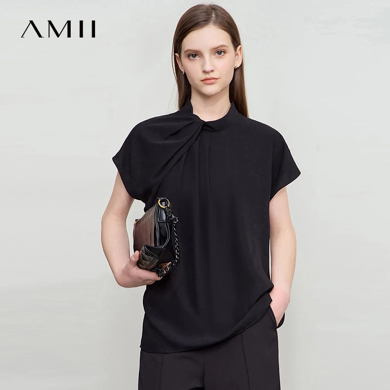 Amii Minimalist Casual Shirt Women Clothing 2026 Summer New Office Lady Asymmetric French Pleated Sleeve Comfort Blouse 12542217
