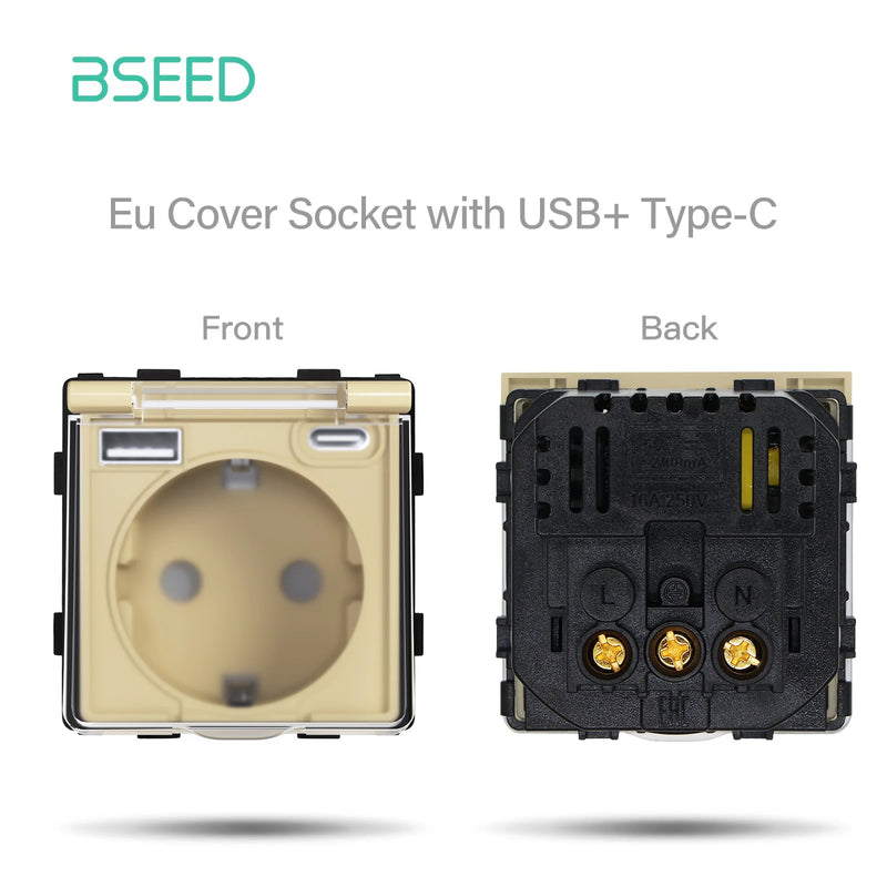 BSEED EU Wall Electric Socket Function Part USB Type-C Port With Plastic Waterpoof Cover 250v 16A DIY Part Only No Frame