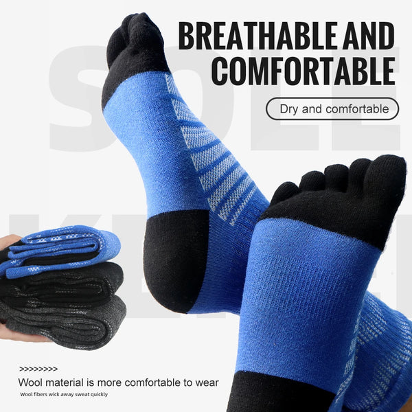 WRELS 1/2/3 Pairs Merino Wool Camping Toe Socks Anti‑Blister Crew 5 Finger Socks Moisture Wicking Arch Support Warm Hiking Socks