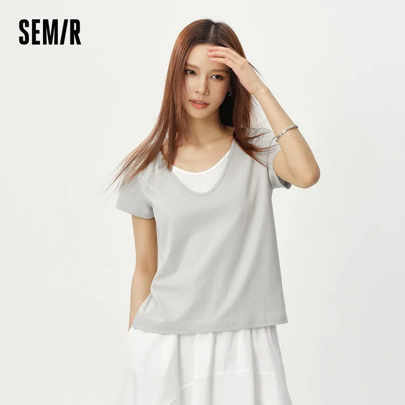 Semir Womens Tshirt 2026 Cotton Linen Fake Two Piece Color Block U Neck Elegant Simple Casual