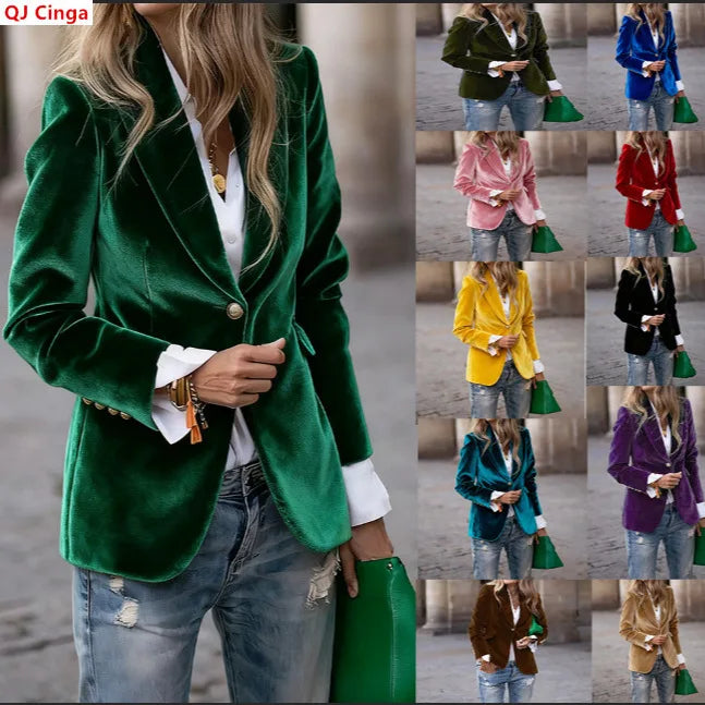 Elegant Women's Long-sleeve Blazer, A V-neck Jacket Made of Corduroy. Available in Black,Purple,Brown,Yellow,Red,Blue,Green,Gray