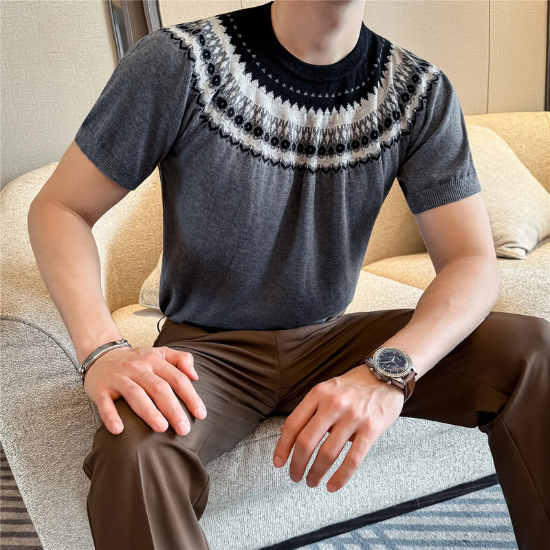 Men's Fair Isle Knitted Short Sleeve T-Shirt -Old Money Style Crewneck Summer Top Vintage Geometric Jacquard Casual Business Tee