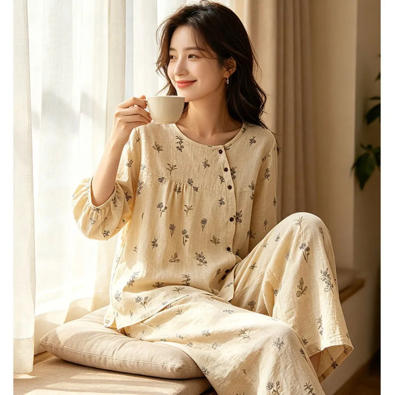 New 2 Pieces Set for Women Pajama Autumn Sleepwear Cotton Floral Pyjama Set Home Wear Women's Loungewear Mujer Pijama Nightwear