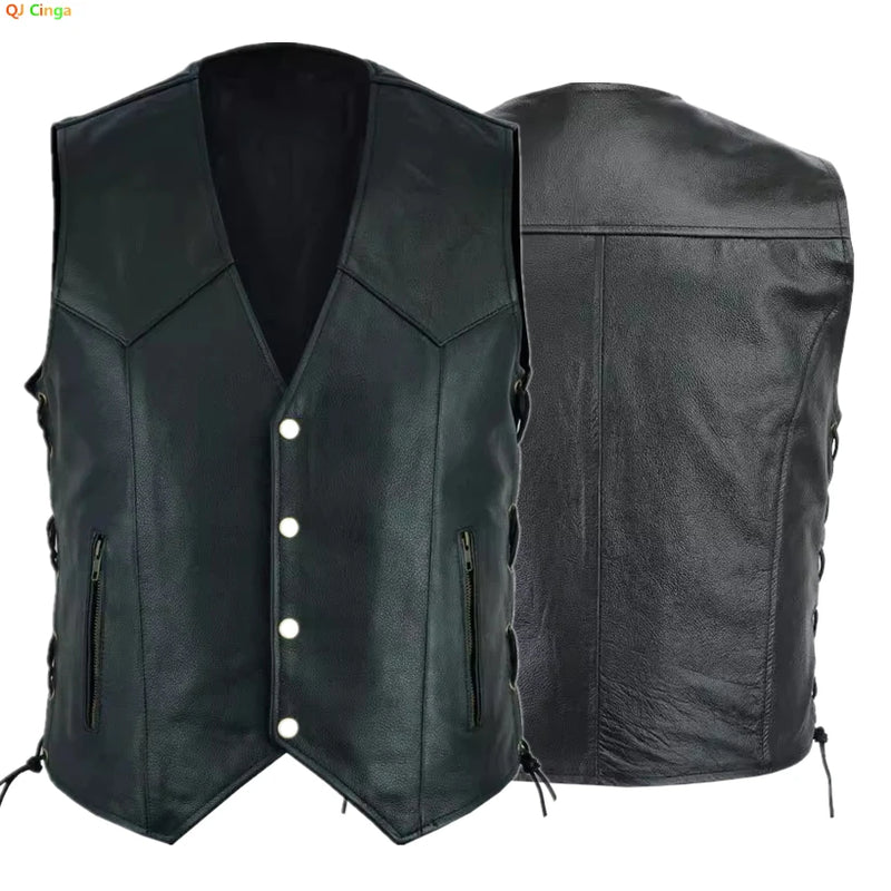 2026 Men's Black V-neck Sleeveless Vest, Single-breasted with Lace-up Trim on Both Sides Waistcoat S-XXXL