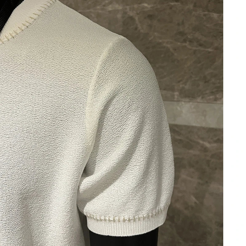 Old Money Style Men's T-Shirt, Collar Jacquard Knit Short Sleeve, Premium Casual Top