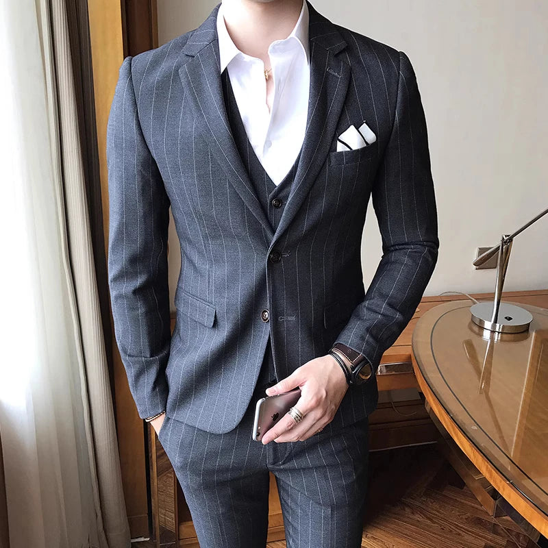 2026 Men Black Classic Striped/Checked Suits, Men's Business Office 3-Piece, Asian Size Slim Fit Sets, Blue/Gray Available