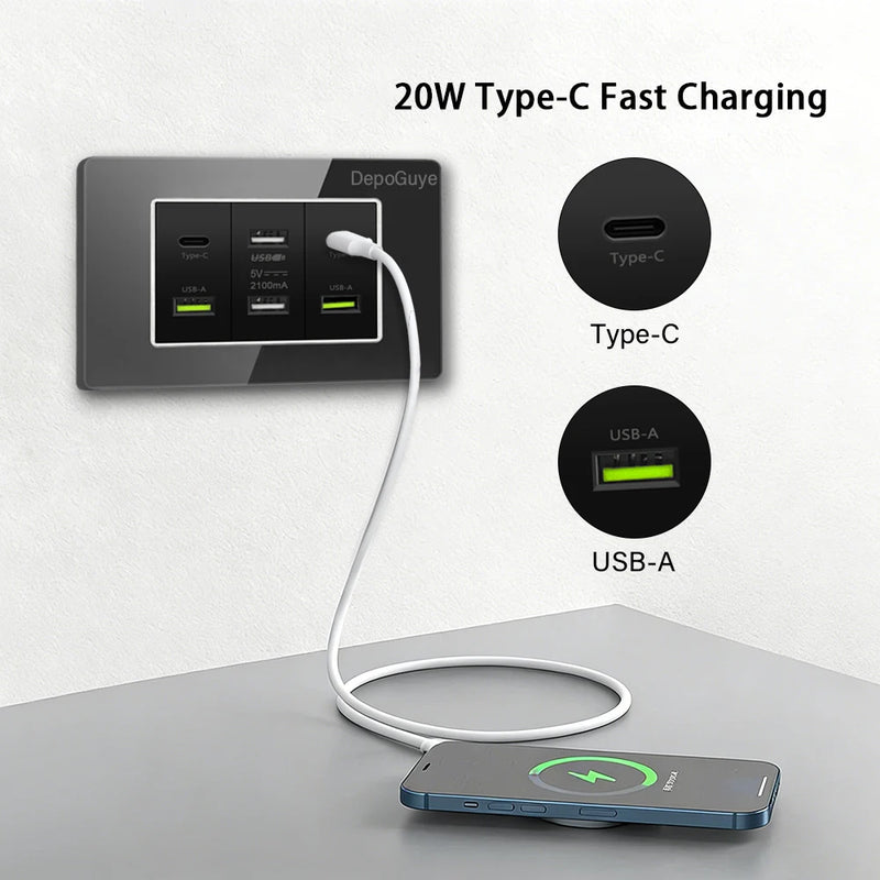 Type 118 White Black Grey Tempered Glass Wall Socket Panel 6 Charging port Triple USB Type C Wall Plug 3.1A 5V Outlet 118*75mm