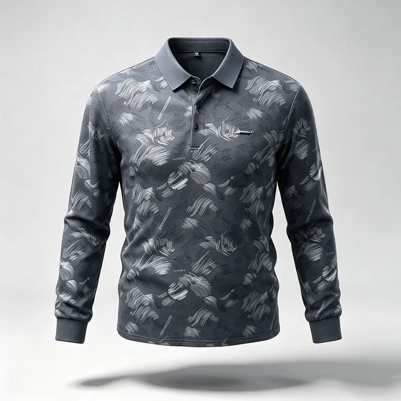 Mens Turn Collar Polo Long Sleeve Tops Premium Printed Material Button Closure Small Logo Decoration Male Clothing