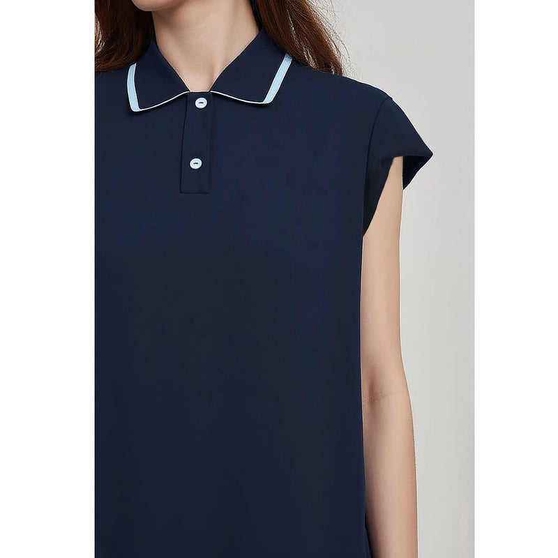 Amii Womens Dresses 2026 Summer New Color Block Contrast Lapel Air Layer Knitted Casual Loose Fit Midi Women's Dress 12622166