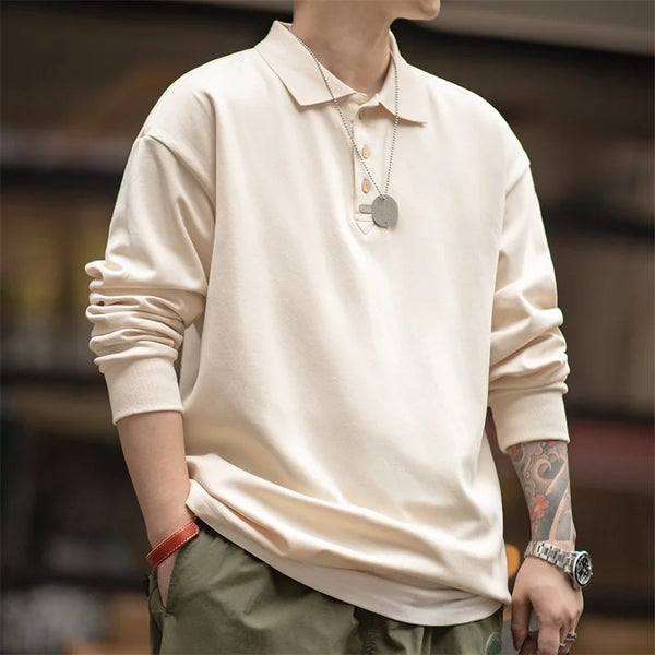 អាវយឺត Maden Spring Vintage Oversize Polo សម្រាប់បុរស អាវយឺតដៃវែងពណ៌ធម្មតា ទាន់សម័យ អាវធម្មតា