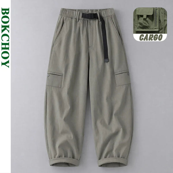 2026 Autumn New Big Pockets Cargo Casual Pants for Men Clothing Loose Comfort Elastic Waist Solid Color Male Trousers AZB90685