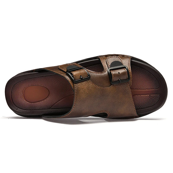 Summer Mens Leather Slippers Men Adjustable Slides Casual Sandals Brown Black Comfortable