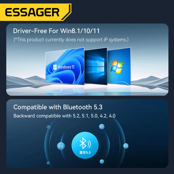 ឧបករណ៍ភ្ជាប់ប៊្លូធូស Essager USB Dongle Bluetooth 5.3 សម្រាប់កុំព្យូទ័រ កុំព្យូទ័រយួរដៃ ឧបករណ៍បំពងសម្លេង ឧបករណ៍ទទួលសំឡេង កណ្ដុរឥតខ្សែ ក្តារចុច ឧបករណ៍បញ្ជូន USB