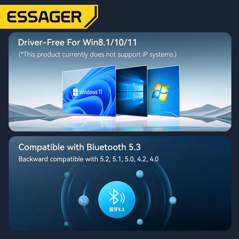 ឧបករណ៍ភ្ជាប់ប៊្លូធូស Essager USB Dongle Bluetooth 5.3 សម្រាប់កុំព្យូទ័រ កុំព្យូទ័រយួរដៃ ឧបករណ៍បំពងសម្លេង ឧបករណ៍ទទួលសំឡេង កណ្ដុរឥតខ្សែ ក្តារចុច ឧបករណ៍បញ្ជូន USB