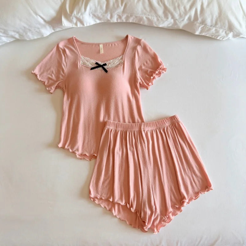 Modal Pajamas with Chest Pads Short Sleeve Sleepwear Ladies Pyjamas Femmes Summer Top and Shorts Lounge Wear Loungewear Suit