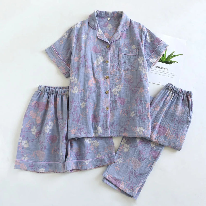 Retro Floral Summer Pajamas Lapel Short Sleeve Sleepwear Women's Cotton Home Wear New Three-Pieces Pyjama Set Woman Nightwear