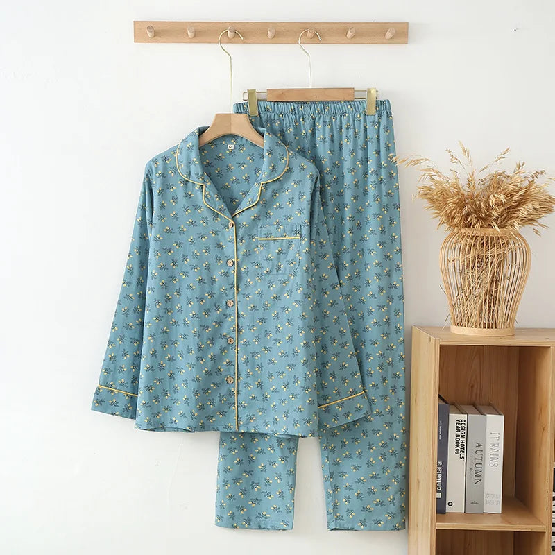 Lapel Collar Long Sleeve Sleepwear Set Spring Autumn 100% Cotton Gauze Women's Nightwear Room Wear Pajamas Loose Home Clothes