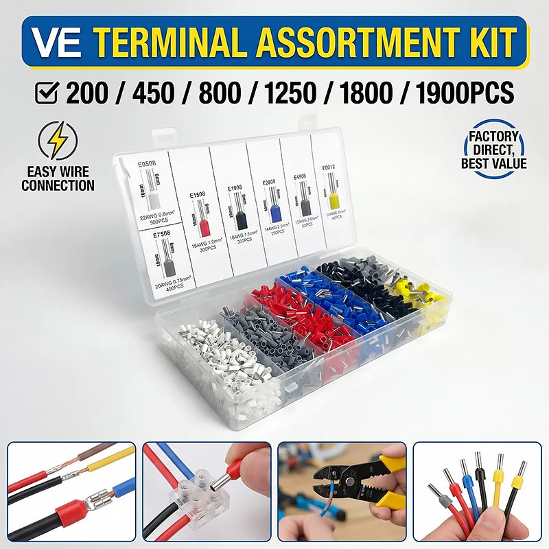 200/450/800/1250/1800/1900Pcs Sturdy Electrical Connectors with Pressure - Connection Ring Terminals E0508 E7508 E1008 E1508