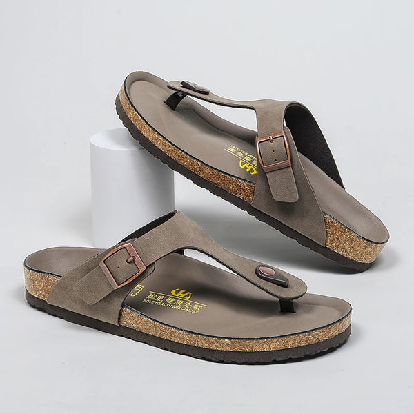 Men's Adjustable Buckle Cork Footbed Flip Flops Casual Open‑Toe Thong Sandals Non‑Slip Flat Slide Slippers for Outdoor Daily