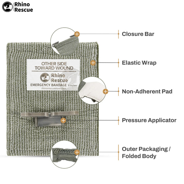 RHINO RESCUE 6-Inch Emergency Pressure Bandage, Compression Dressing for Outdoor and Home Use.