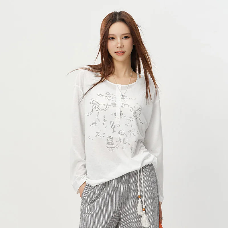 Semir Women Tshirt Print Oversized Mid Long Sleeve Top 2026 Summer Loose Casual