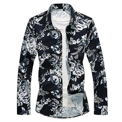 Asian Size Small Stretch Men' Long Sleeve Printed Shirts, Fashion Casual Flower Shirt, Single Breasted Square Collar Tops Camisa