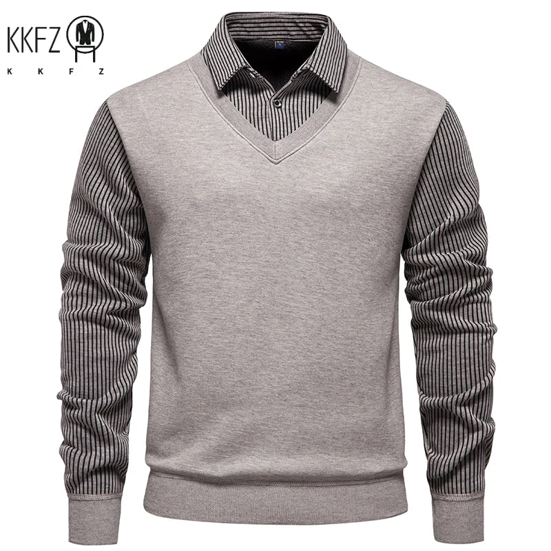 Daily Casual Male Knitted Pullover Fake Two Piece Waistcoat Fleece Lined Vertical Stripe Shirt Collar Slim Long Sleeve Garment